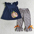 GSPO0133 Pumpkin Navy Tunic Top Leopard Pants Girls Fall Clothes Set