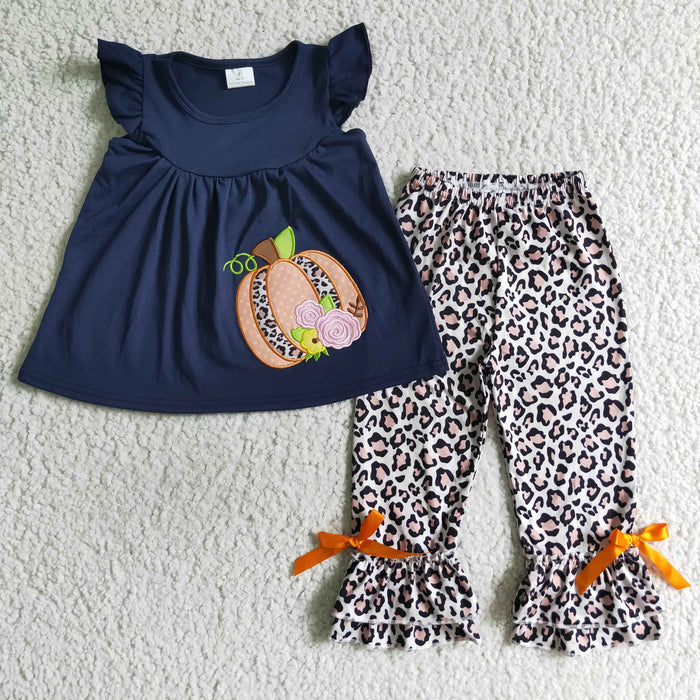 GSPO0133 Pumpkin Navy Tunic Top Leopard Pants Girls Fall Clothes Set