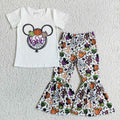 GSPO0146 Cartoon Mouse Pumpkin BOO Top Bell Pants Girls Halloween Clothes Set
