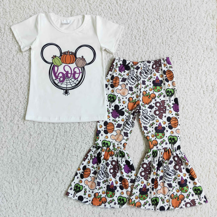 GSPO0146 Cartoon Mouse Pumpkin BOO Top Bell Pants Girls Halloween Clothes Set