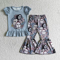 GSPO0167 Cartoon Film Characters Flowers Top Bell Pants Girls Halloween Clothes Set