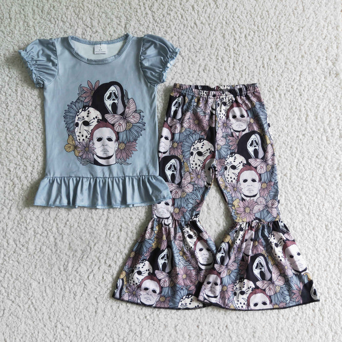 GSPO0167 Cartoon Film Characters Flowers Top Bell Pants Girls Halloween Clothes Set