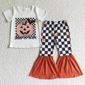 GSPO0168 TRICK OR TREAT Pumpkin White Top Plaid Pants Girls Halloween Clothes Set