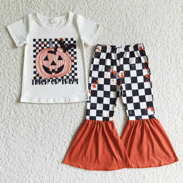 GSPO0168 TRICK OR TREAT Pumpkin White Top Plaid Pants Girls Halloween Clothes Set
