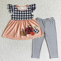 GSPO0170 Pumpkin Plaid Tunic Top Stripes Legging Pants Girls Fall Clothes Set