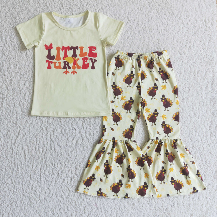 GSPO0174 Little Turkey Top Bell Pants Girls Thanksgiving Clothes Set