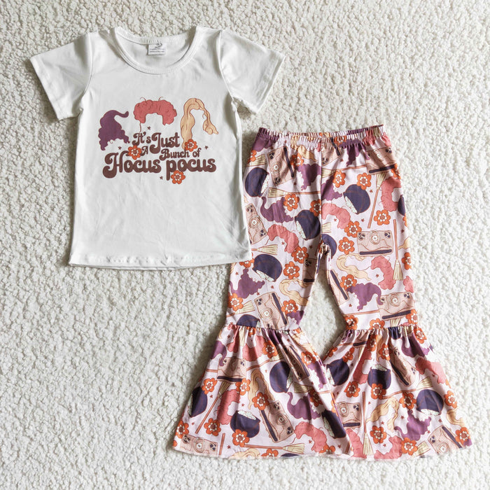 GSPO0183 Witch Top Flowers Bell Pants Girls Halloween Clothes Set