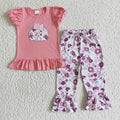 GSPO0191 Pumpkin Embroidery Pink Top Flowers Pants Girls Fall Clothes Set