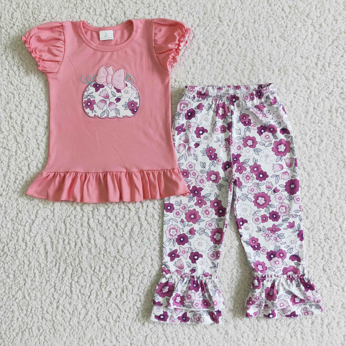 GSPO0191 Pumpkin Embroidery Pink Top Flowers Pants Girls Fall Clothes Set