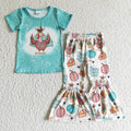 GSPO0195 Turkey Aqua Top Pumpkin Pie Bell Pants Girls Thanksgiving Clothes Set