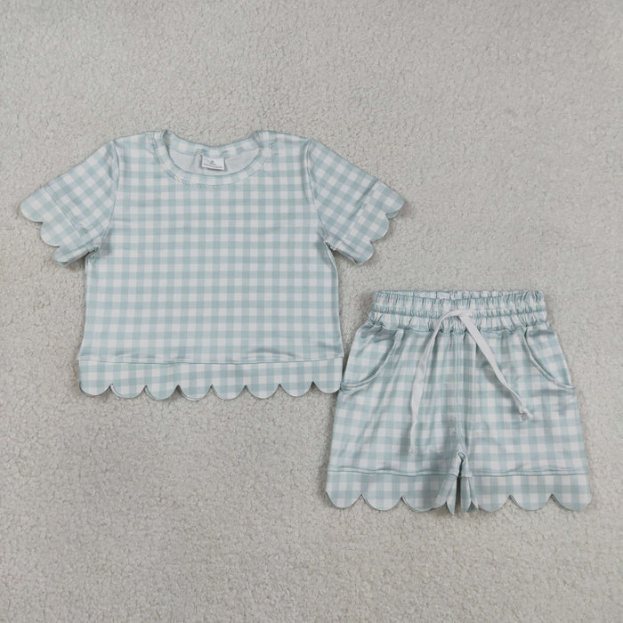 GSSO3184 Baby Girls Blue Gingham Summer Scalloped Sets