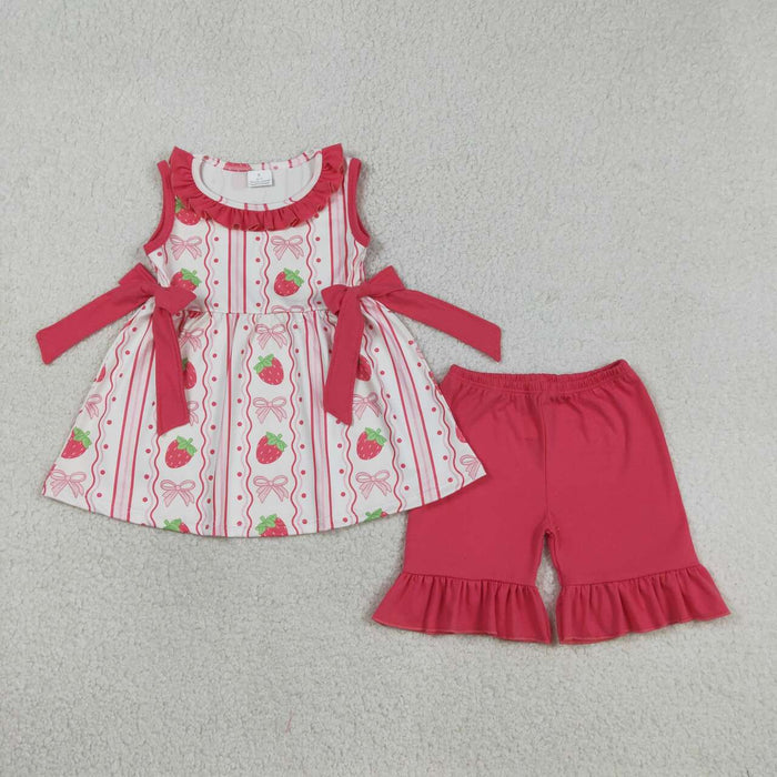 GSSO3276 Strawberry Bows Tunic Top Ruffle Shorts Girls Summer Set
