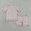 GSSO3330 Goose Flowers Bow Pink Print Ruffle Girls Summer Pajamas Clothes Set