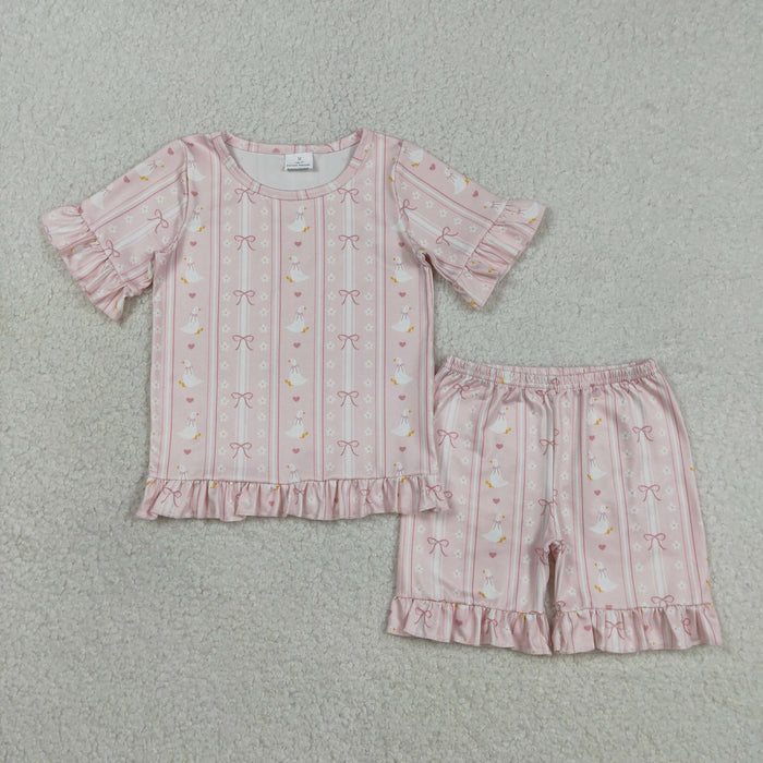 GSSO3330 Goose Flowers Bow Pink Print Ruffle Girls Summer Pajamas Clothes Set