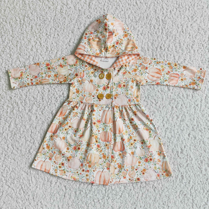 GT0008 Pumpkin Flowers Print Girls Fall Hoodie Jackets Cardigans Dress