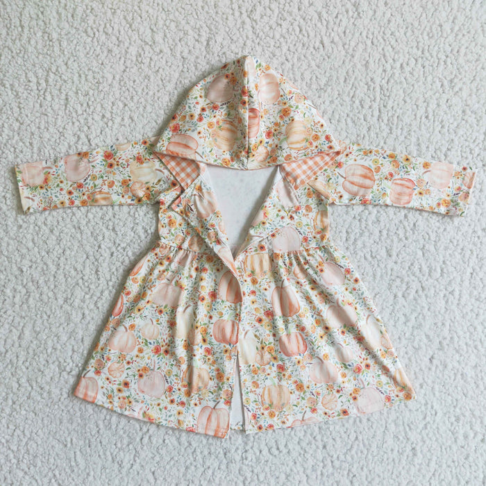 GT0008 Pumpkin Flowers Print Girls Fall Hoodie Jackets Cardigans Dress