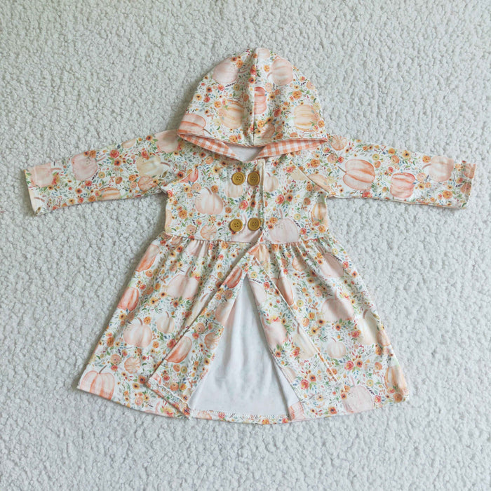 GT0008 Pumpkin Flowers Print Girls Fall Hoodie Jackets Cardigans Dress