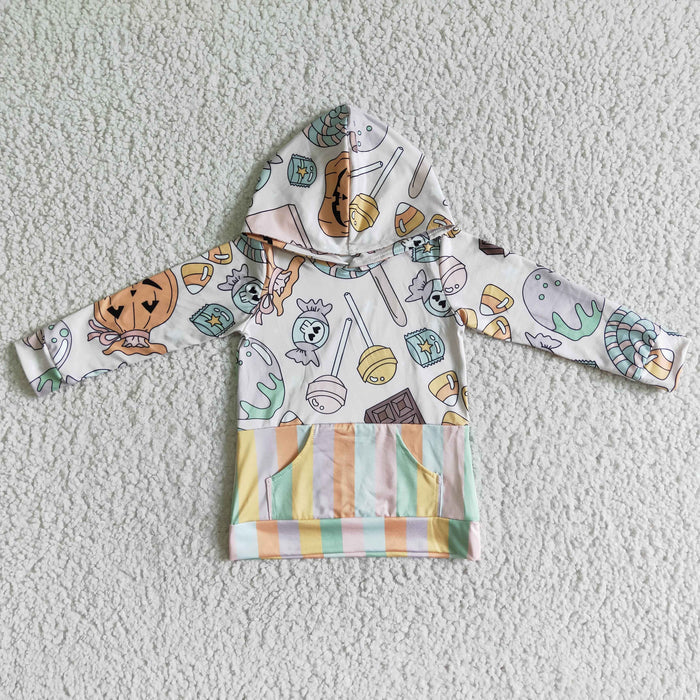 GT0022 Candy Pumpkin Print Kids Halloween Hoodie Top