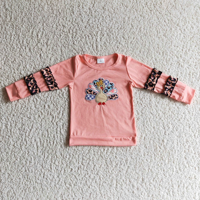 GT0040 Turkey Embroidery Pink Leopard Ruffle Girls Thanksgiving Tee Shirts Top