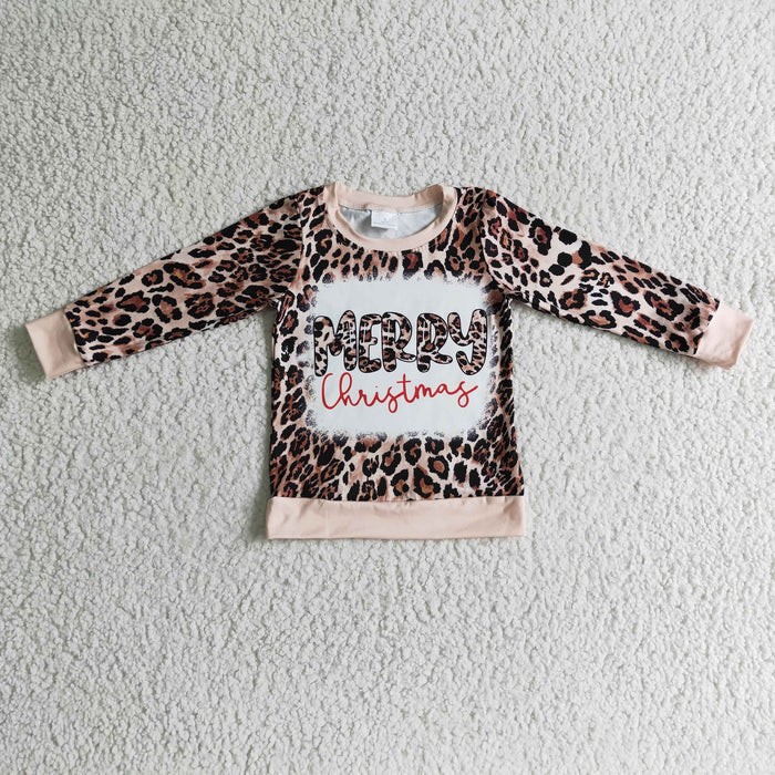 GT0060 Merry Leopard Print Girls Christmas Tee Shirts Top