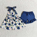 Halter flowers top blue ruffle shorts girls summer outfits D7-19