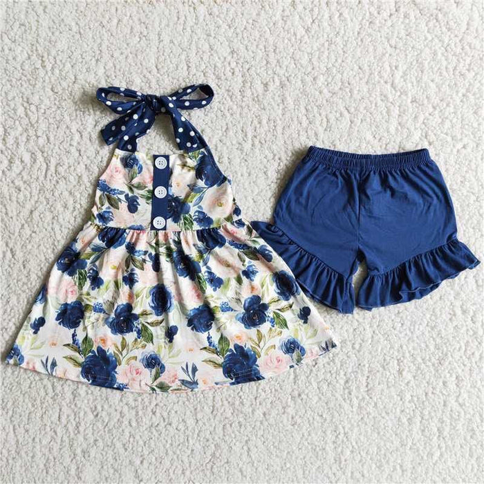 Halter flowers top blue ruffle shorts girls summer outfits D7-19