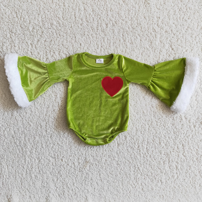 Heart Embroidery Green Velvet Baby Girls Long Sleeve Christmas Romper     6 A4-4