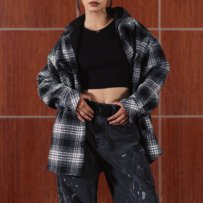 Hooded Flannel Mens Jacket (Black/White)