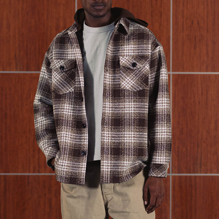 Hooded Flannel Mens Jacket (Brown/White)