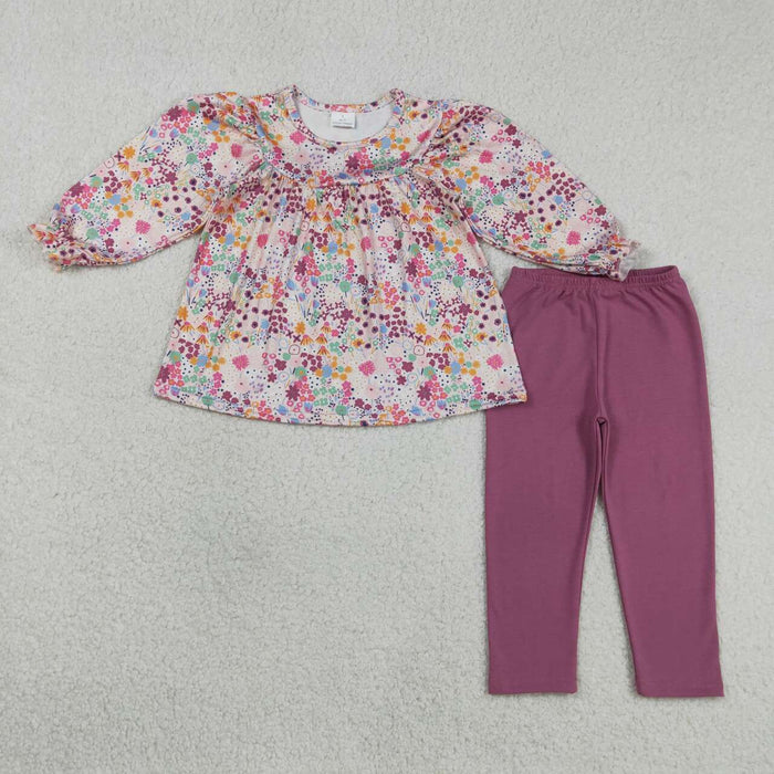 Kids Girls Spring Purple Floral Long Sleeve Tunic Top with Cotton Leggings Outfit