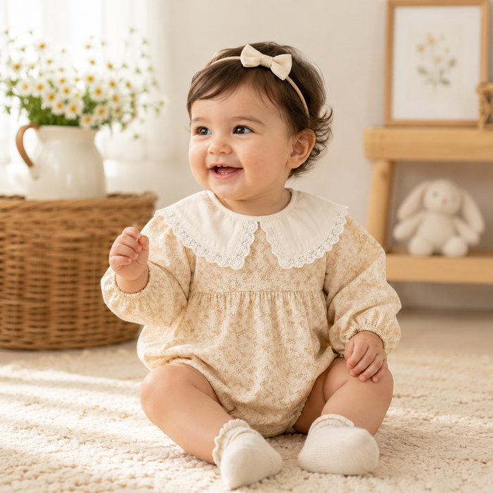 LaceWhimsy – Corduroy Floral Romper with Petal Collar for Baby Girls