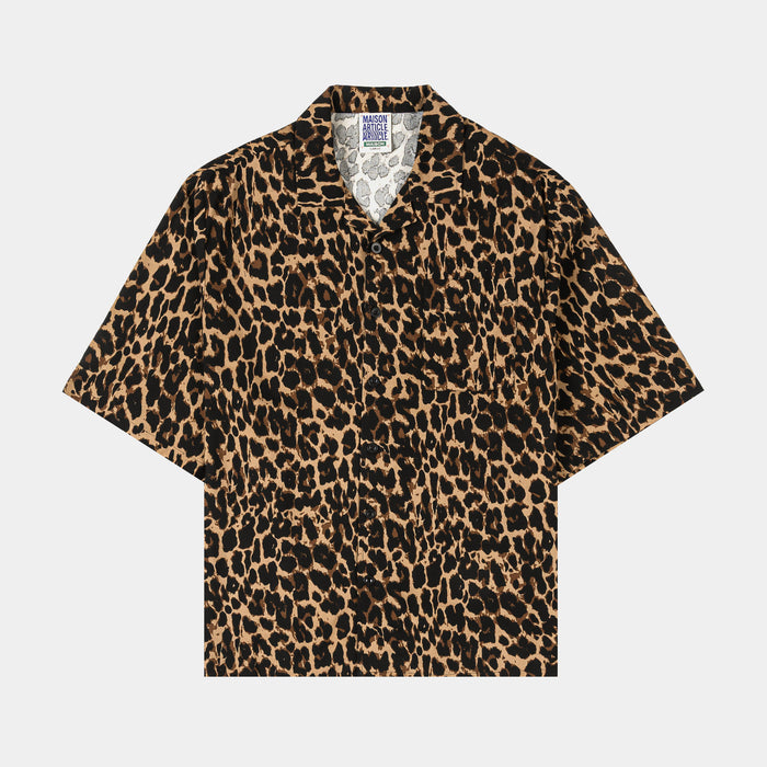 Leopard Round Shoulder Button Up Mens Short Sleeve Shirt (Brown/Beige)