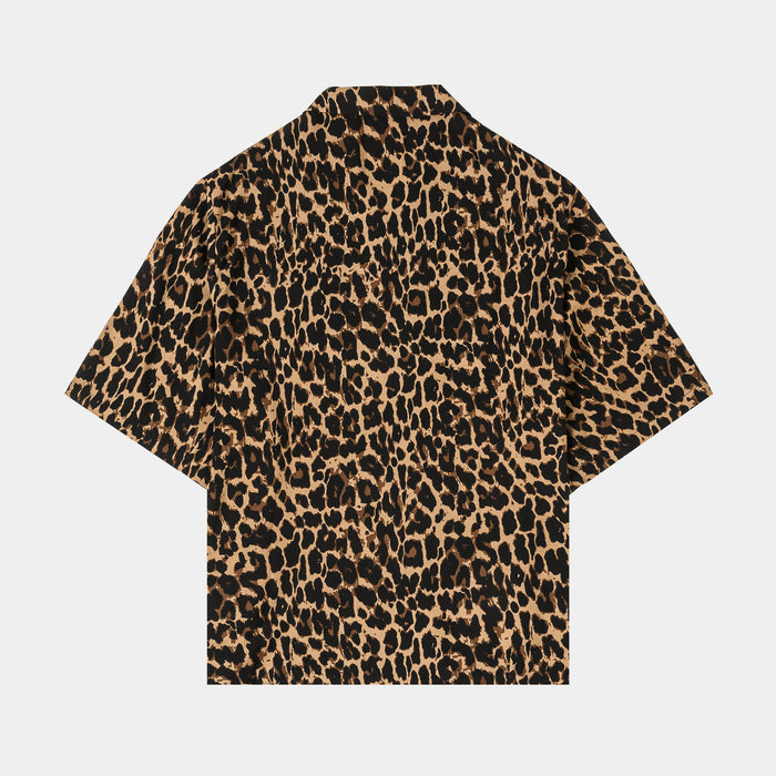 Leopard Round Shoulder Button Up Mens Short Sleeve Shirt (Brown/Beige)