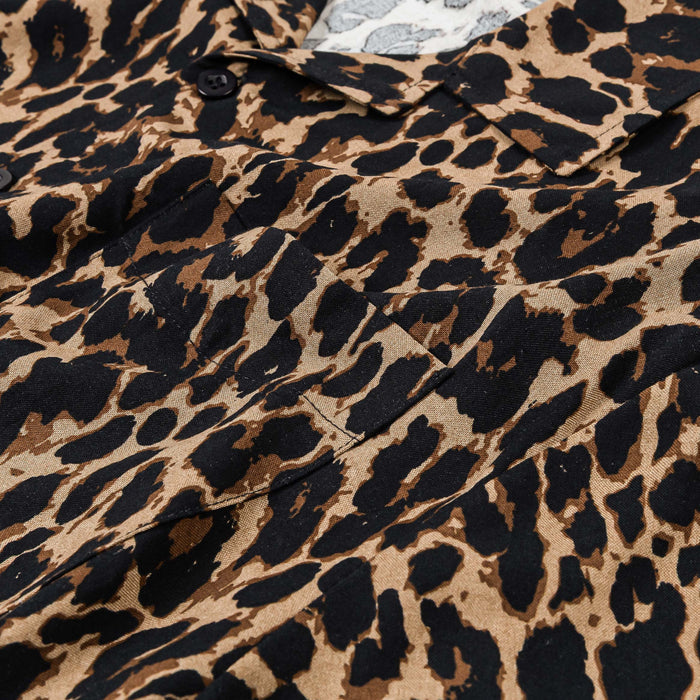 Leopard Round Shoulder Button Up Mens Short Sleeve Shirt (Brown/Beige)