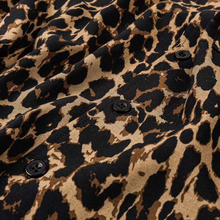 Leopard Round Shoulder Button Up Mens Short Sleeve Shirt (Brown/Beige)