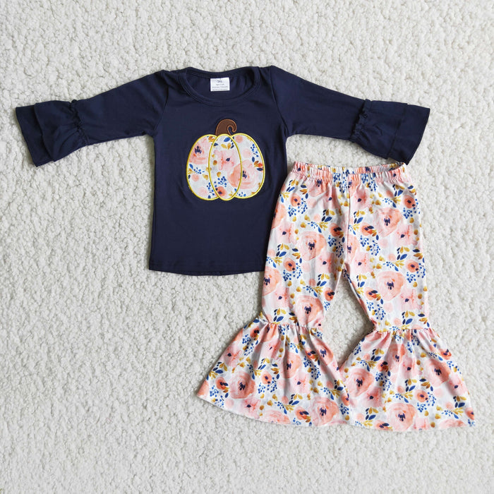 Long sleeve bell bottom pants pumpkin embroideried outfits  6 A9-15