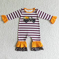 LR0007 Pumpkin Truck Embroidery Stripes Print Baby Girls Fall Ruffle Romper