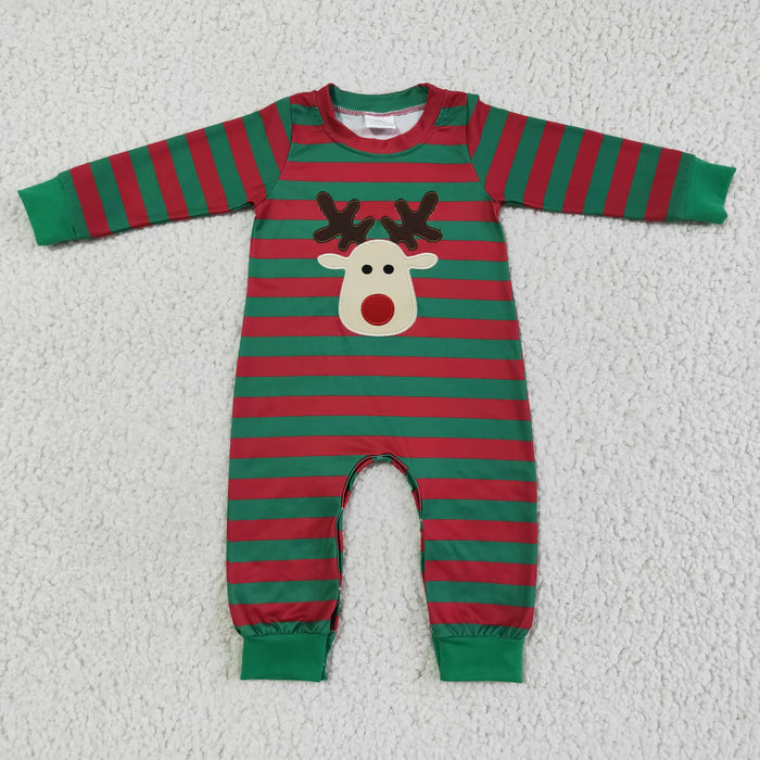 LR0028 Deer Embroidery Stripes Print Baby Boys Christmas Romper