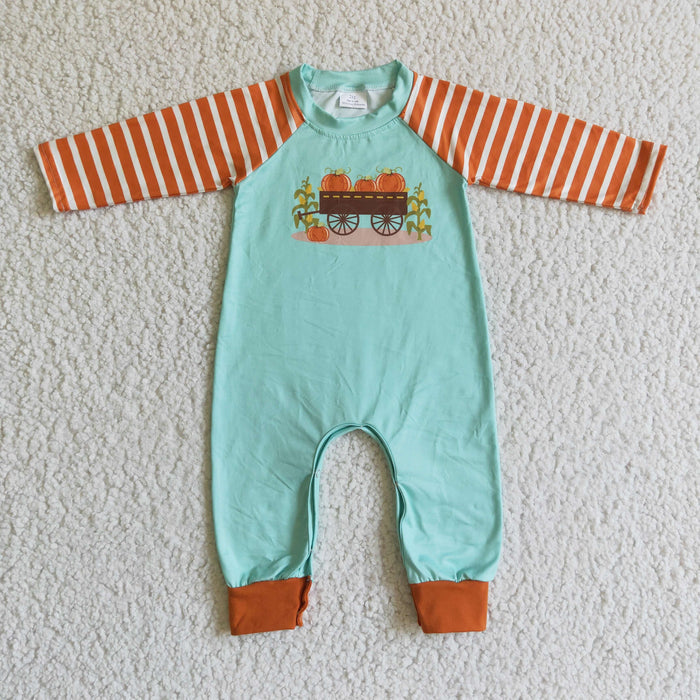 LR0046 Pumpkin Print Baby Boys Fall Romper