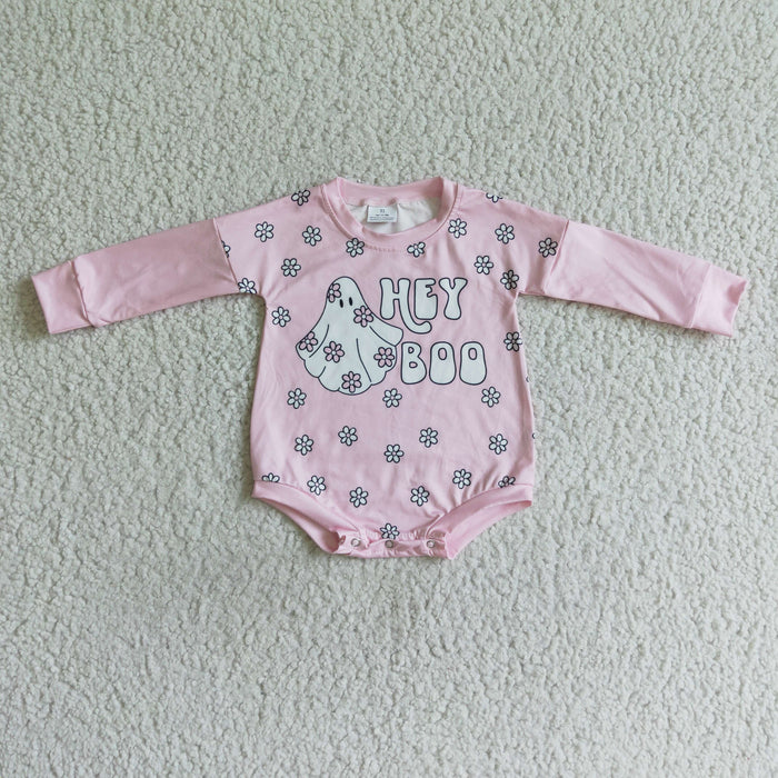 LR0054 HEY BOO Ghost Flowers Pink Baby Girls Halloween Romper