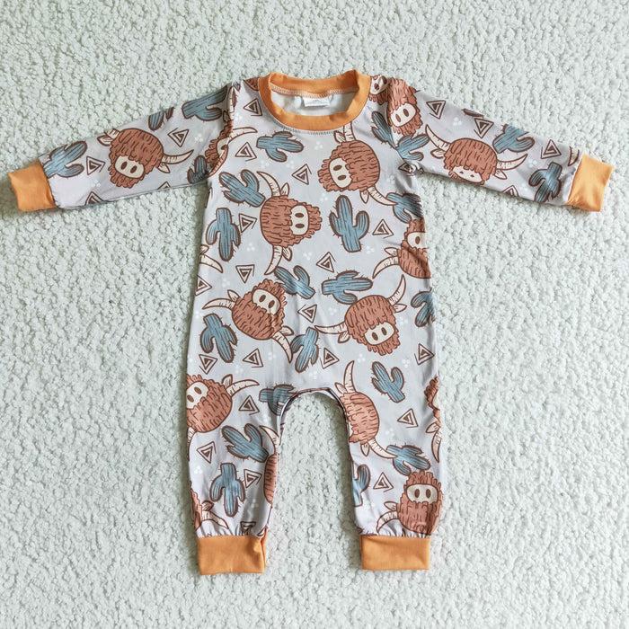 LR0059 Highland Cow Cactus Print Baby Boys Long Sleeve Romper