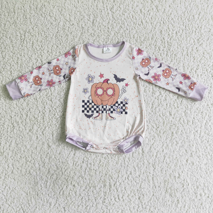 LR0083 Pumpkin Flowers Bat Print Baby Girls Halloween Romper