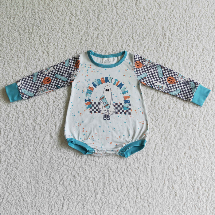 LR0085 Spooky Ghost Plaid Print Baby Boys Halloween Romper