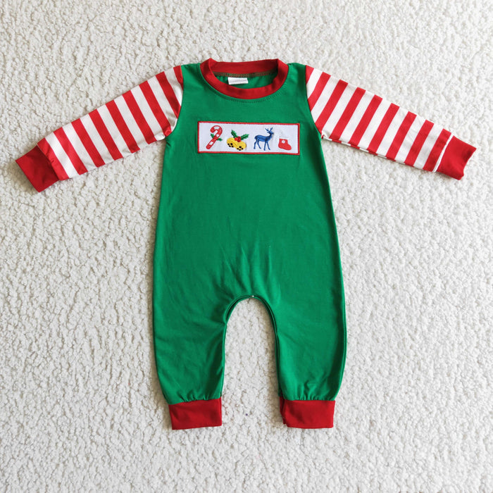 LR0110 Candy Deer Embroidery Stripes Print Baby Boys Christmas Romper