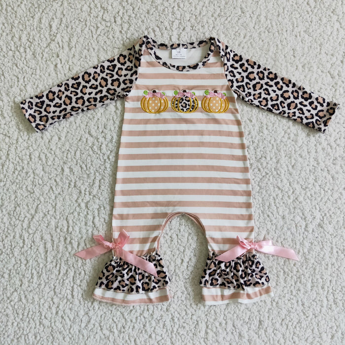 LR0134 Pumpkin Embroidery Stripes Leopard Print Baby Girls Fall Ruffle Romper