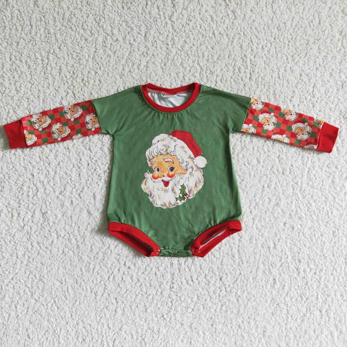LR0137 Santa Holly Green Print Baby Girls Christmas Romper