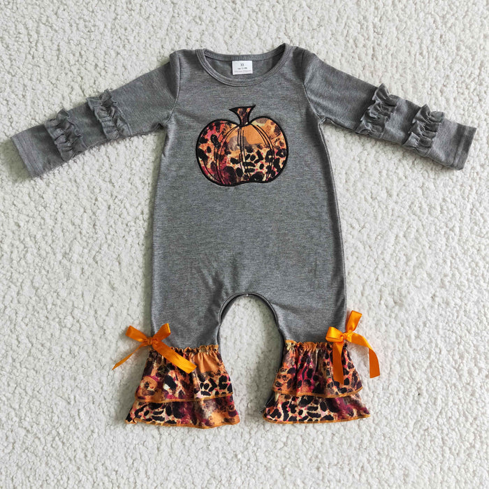 LR0139 Pumpkin Embroidery Leopard Print Grey Baby Girls Fall Ruffle Romper