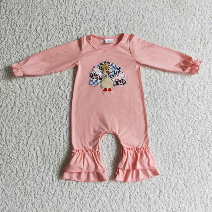 LR0146 Turkey Embroidery Pink Baby Girls Thanksgiving Ruffle Romper