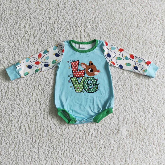 LR0156 love Deer Blue Print Baby Girls Christmas Romper