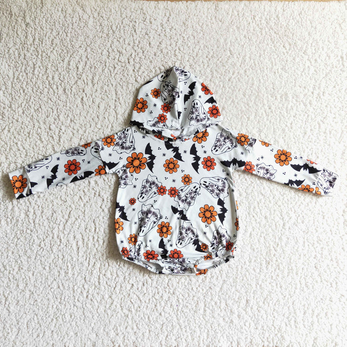 LR0160 Ghost Flowers Bat Baby Girls Halloween Hoodie Romper
